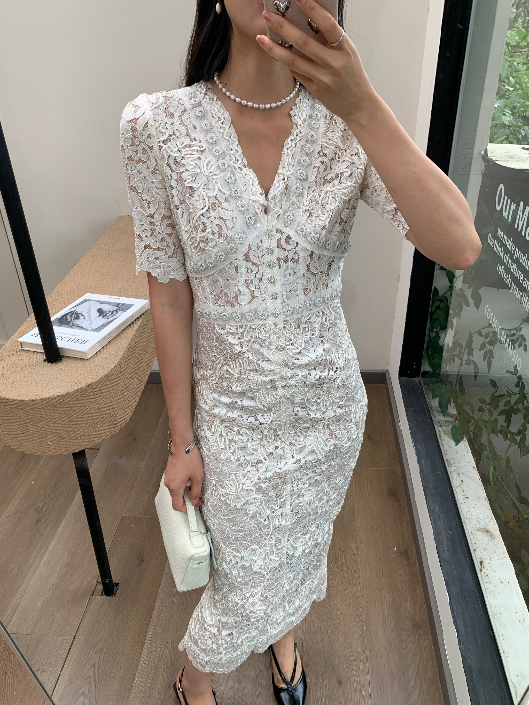 V Neck White ROM Elegant Lace Midi Dinner Dress with Short Sleeves