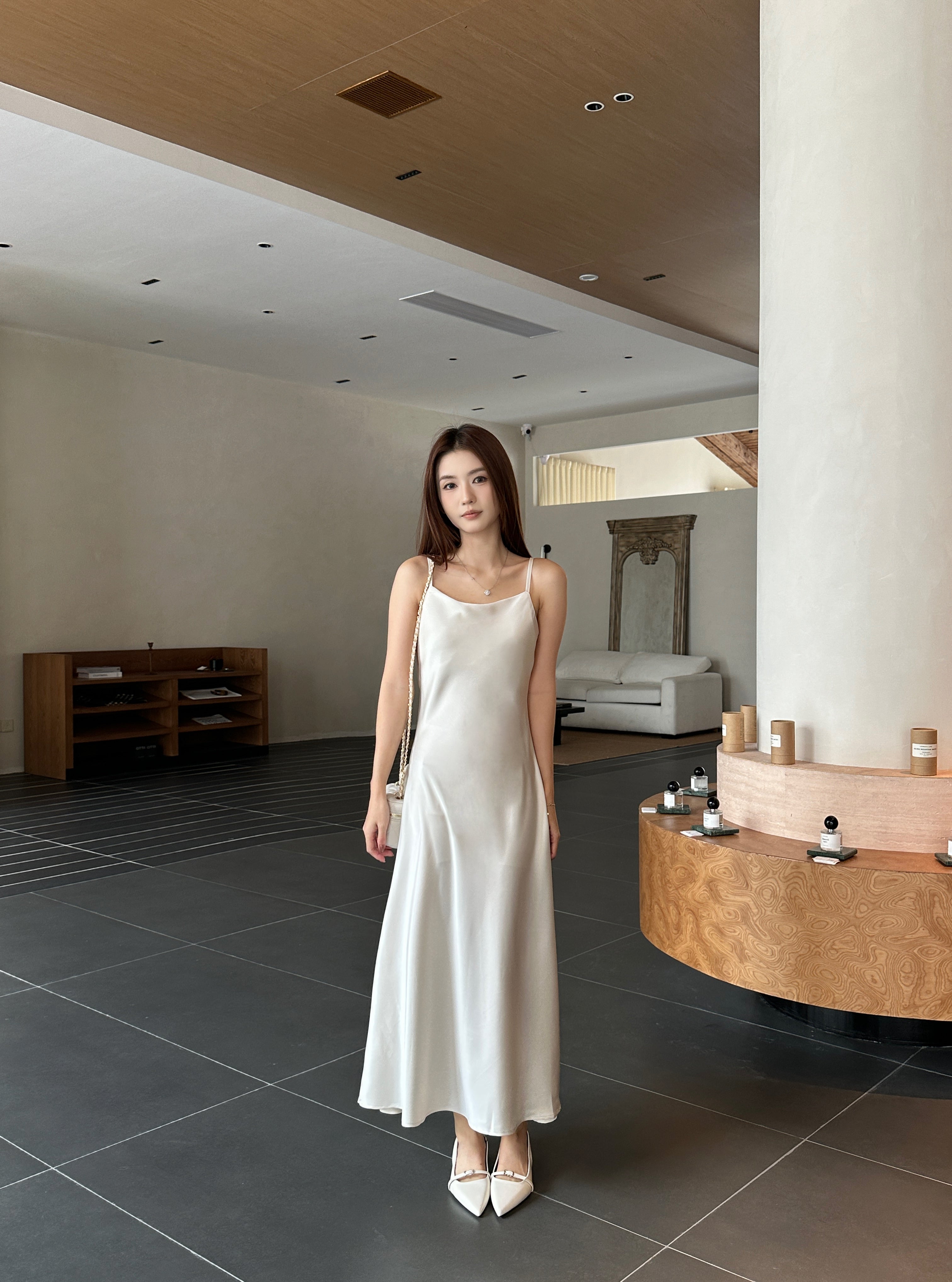 Straight satin dress (ready stock in cream (S)/ 6 colours)