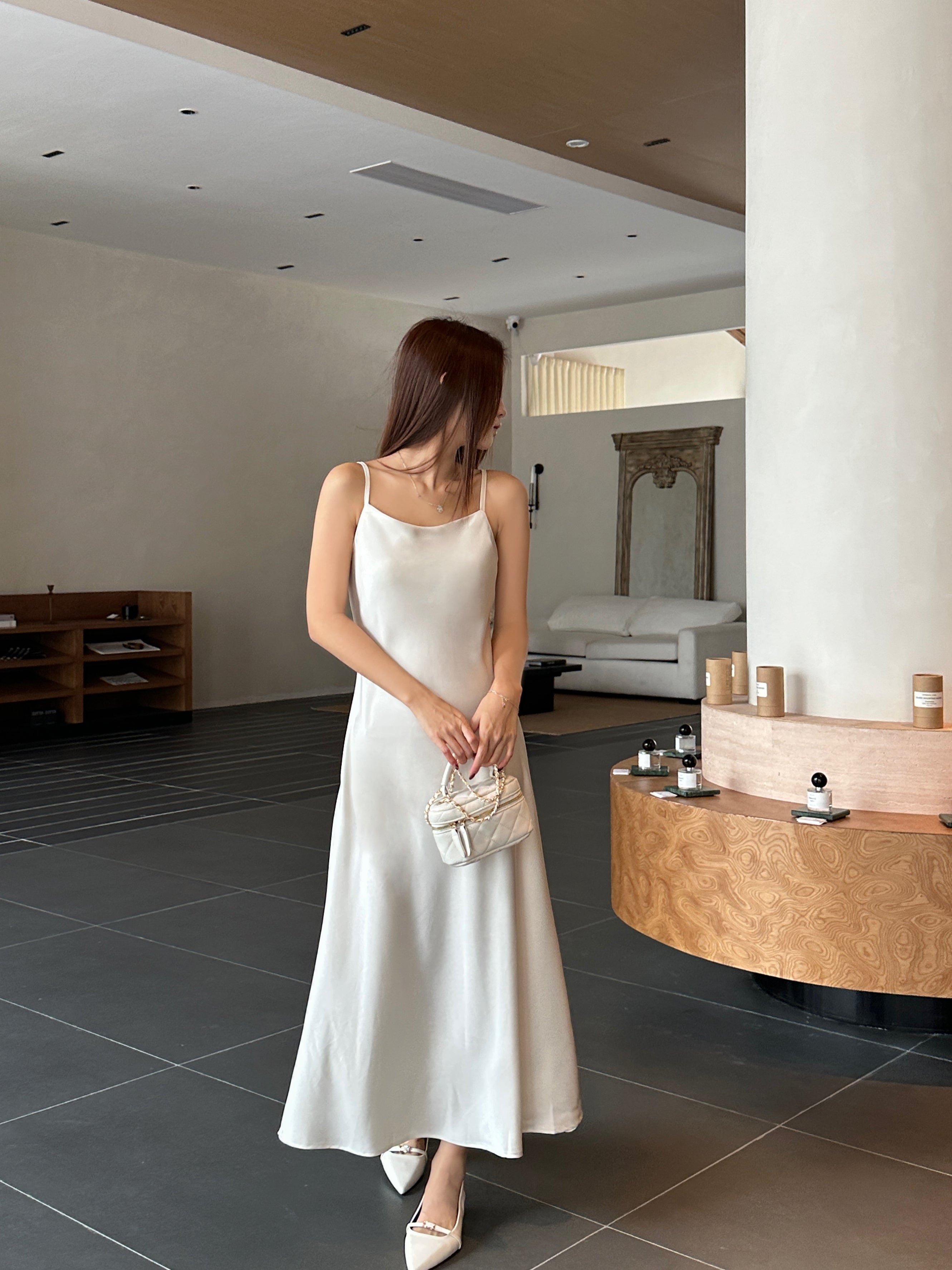 Straight satin dress (ready stock in cream (S)/ 6 colours)