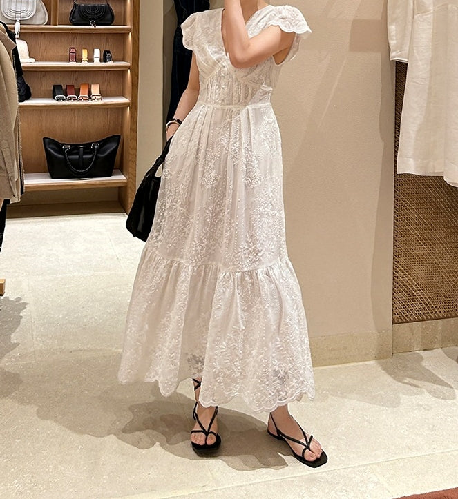 Embroidered White Midi Dress S