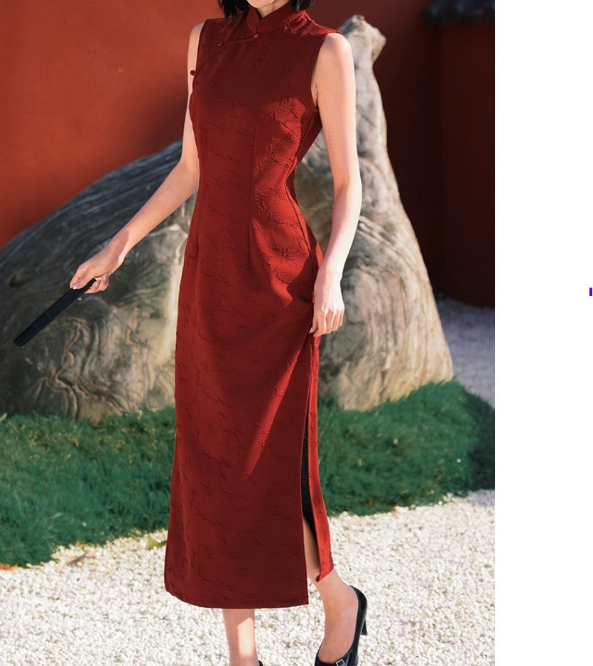cheongsam midi dress Red Sleeveless Midi Cheongsam XL