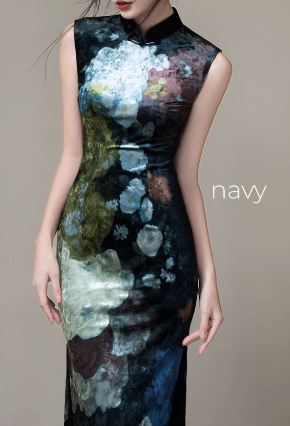 Velour cheongsam (ready stock in blue (XL)/ 3 colours)