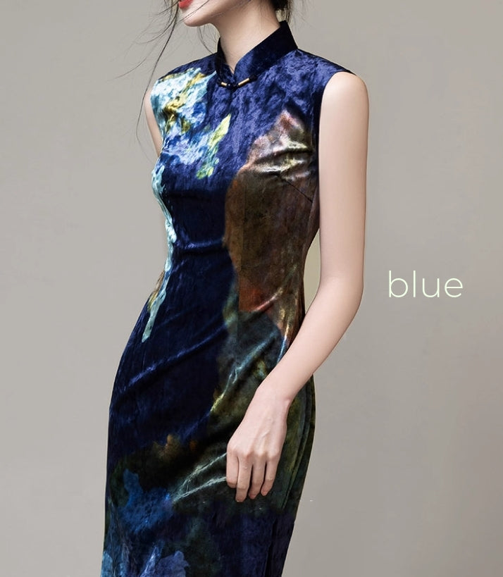 Velour cheongsam (ready stock in blue (XL)/ 3 colours)