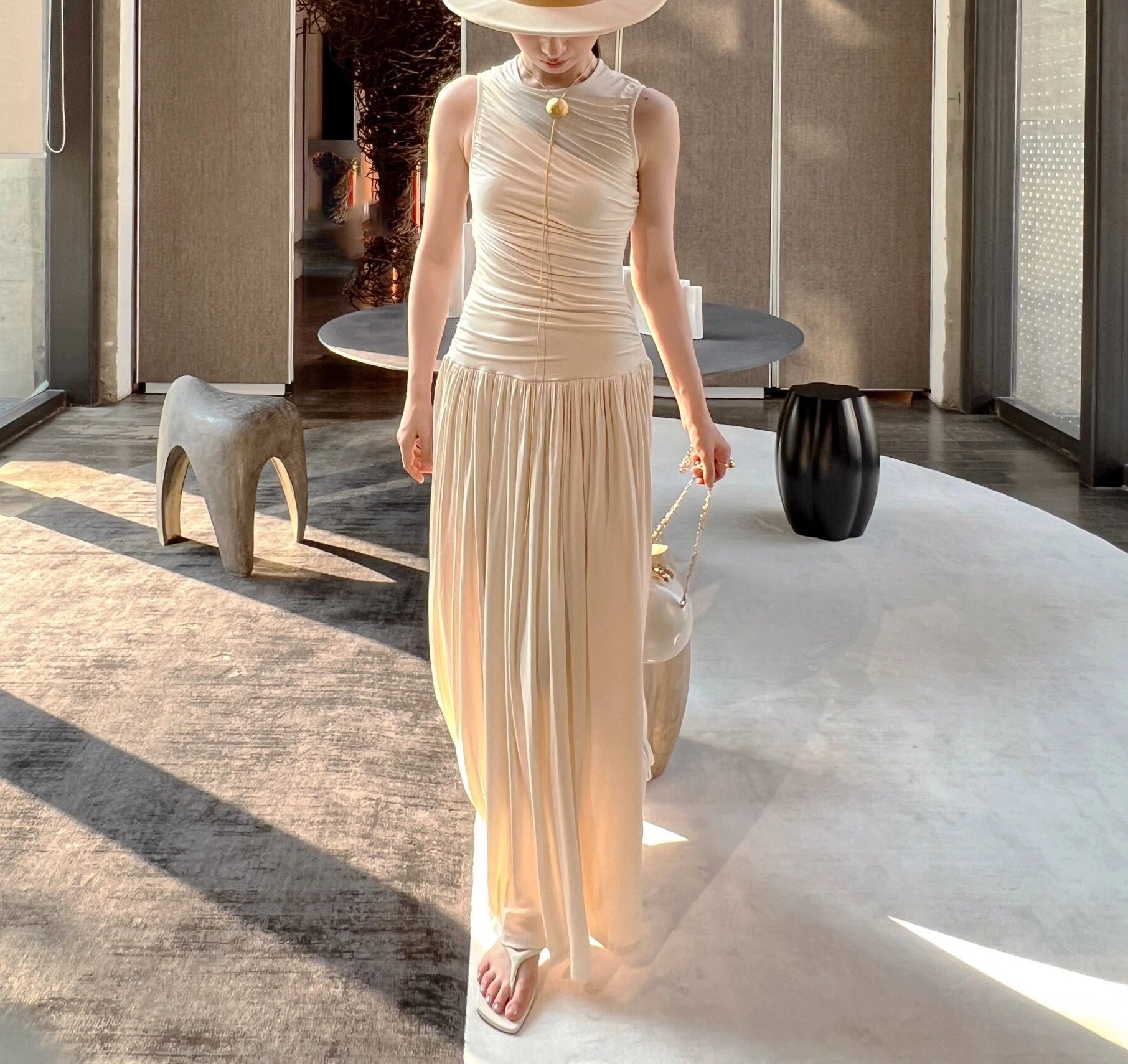 Ruched Sleeveless Midi Dress