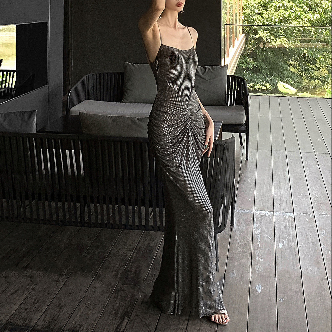 bedazzled maxi dress Rhinestone bareback maxi dress