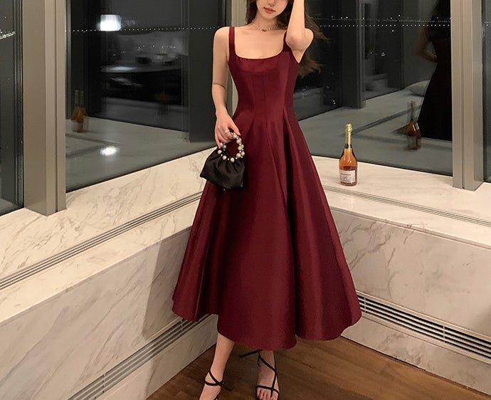 Satin Cocktail Midi Dress BURGUNDY RED / XL