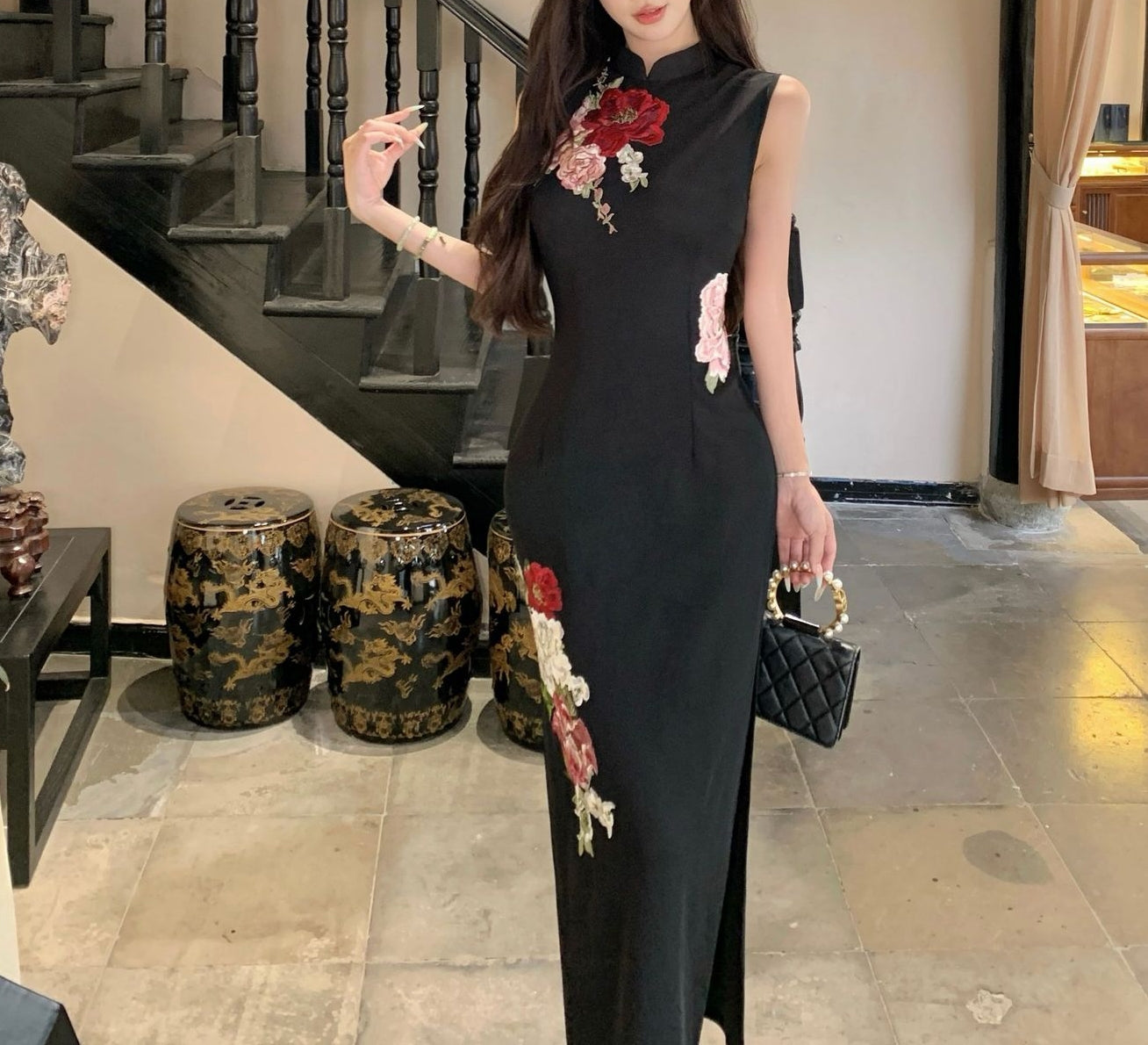 Crimson floral cheongsam (preorder)