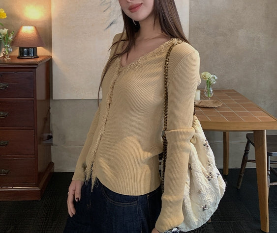 Tassel V-Neck Cardigan Top (preorder/ 3 colours)