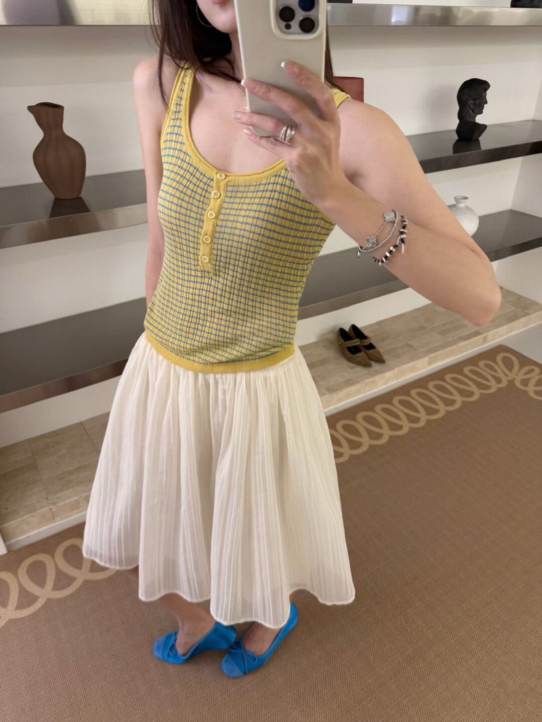 Grid Preppy Knit U Neck Top