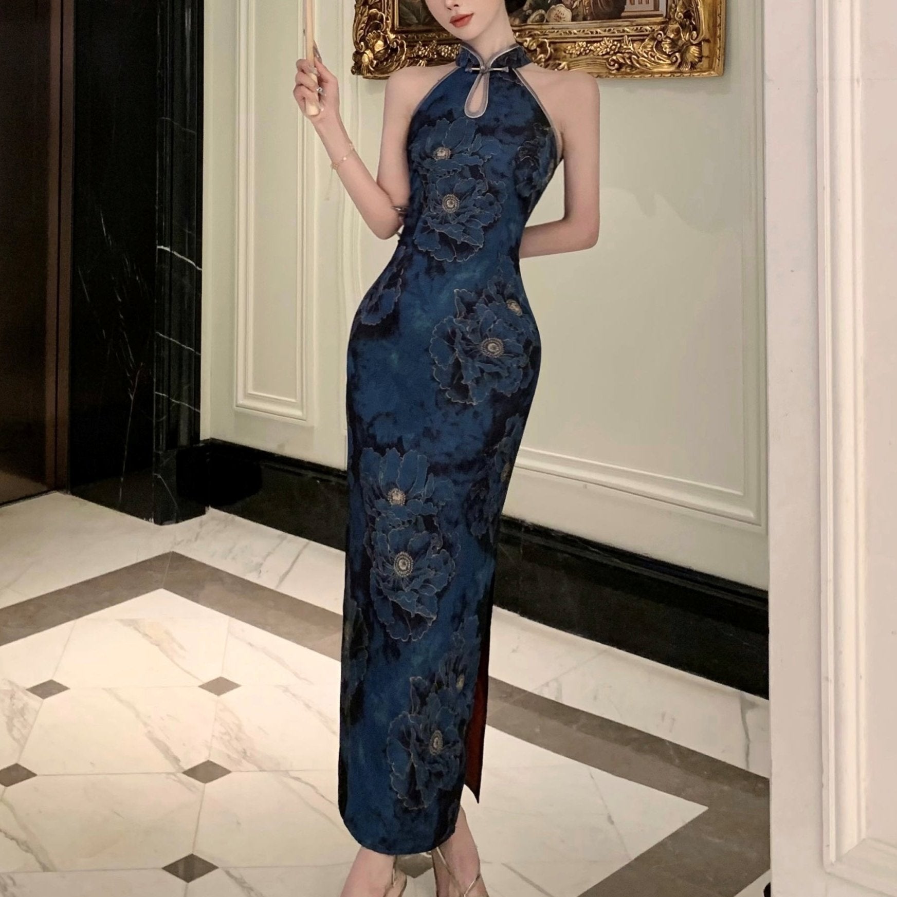 Blue Halterneck Floral Modern Cheongsam L