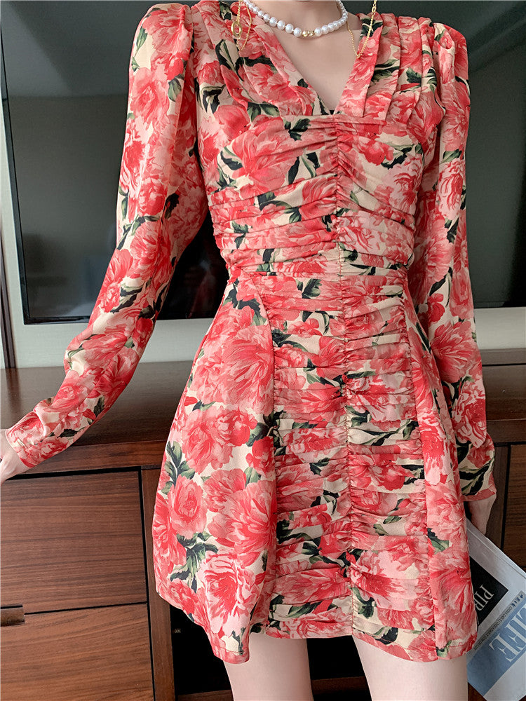 Red Floral V Neck Dress
