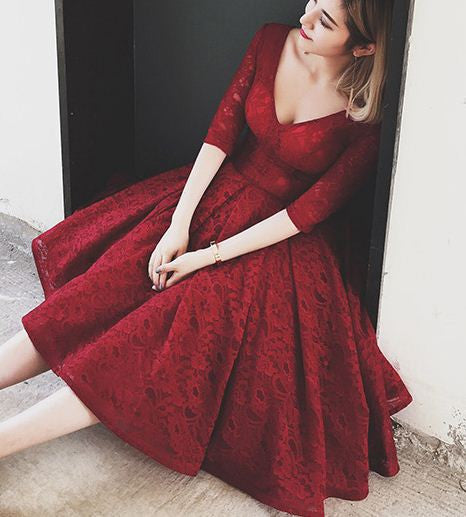 Midi lace cocktail dress with long sleeve